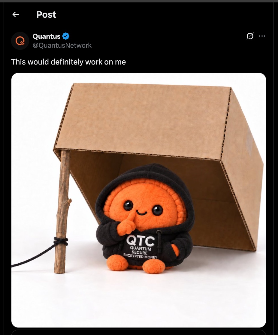 Screenshot of Quantus posting 'This would definitely work on me' with the cardboard-box mascot