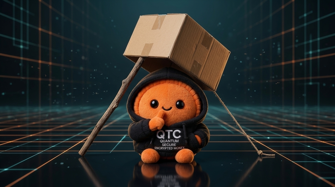 The orange QuantusBait mascot in a black QTC hoodie under a cardboard box trap